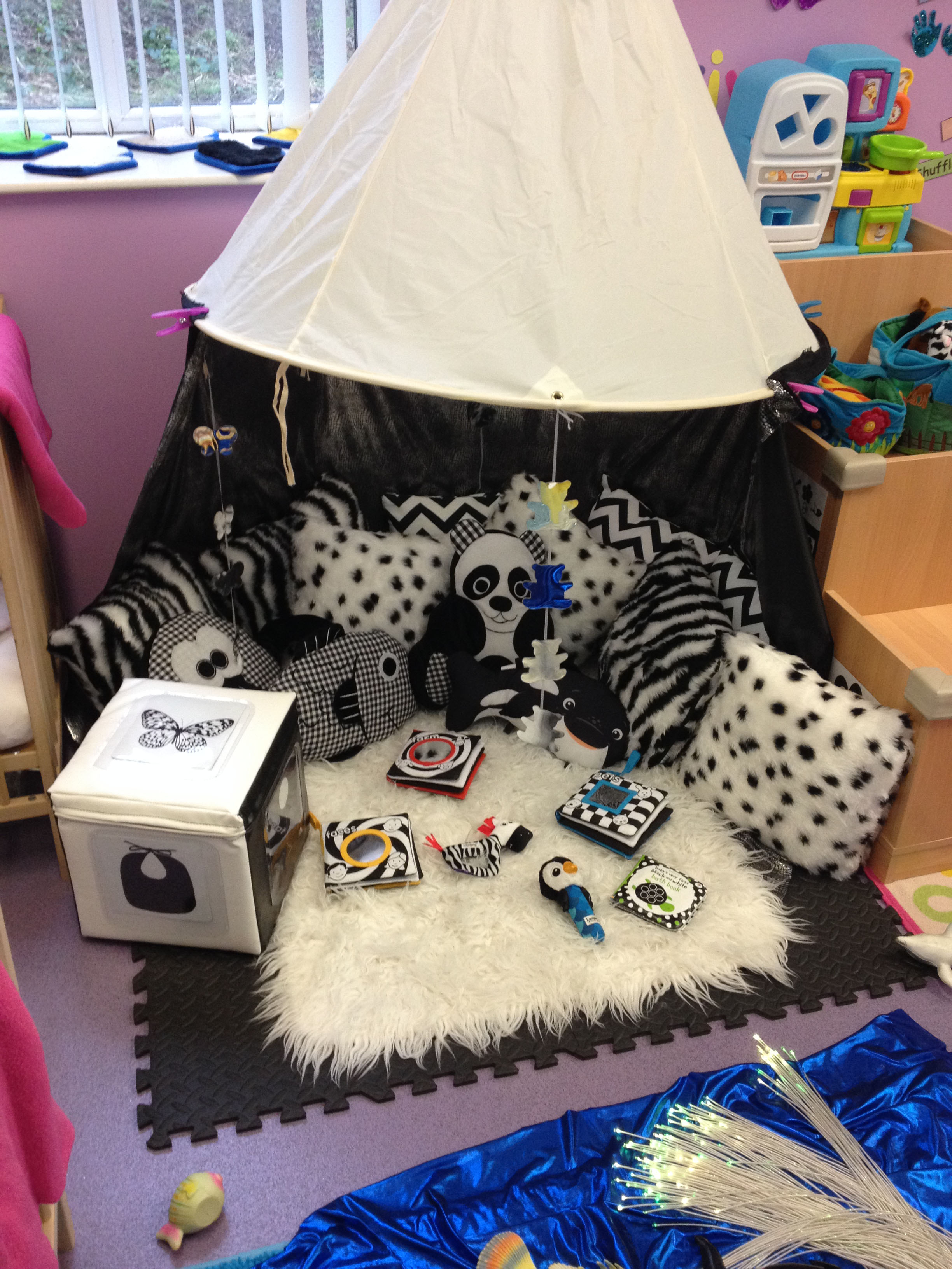 Black and white themed area in our Baby Room.
